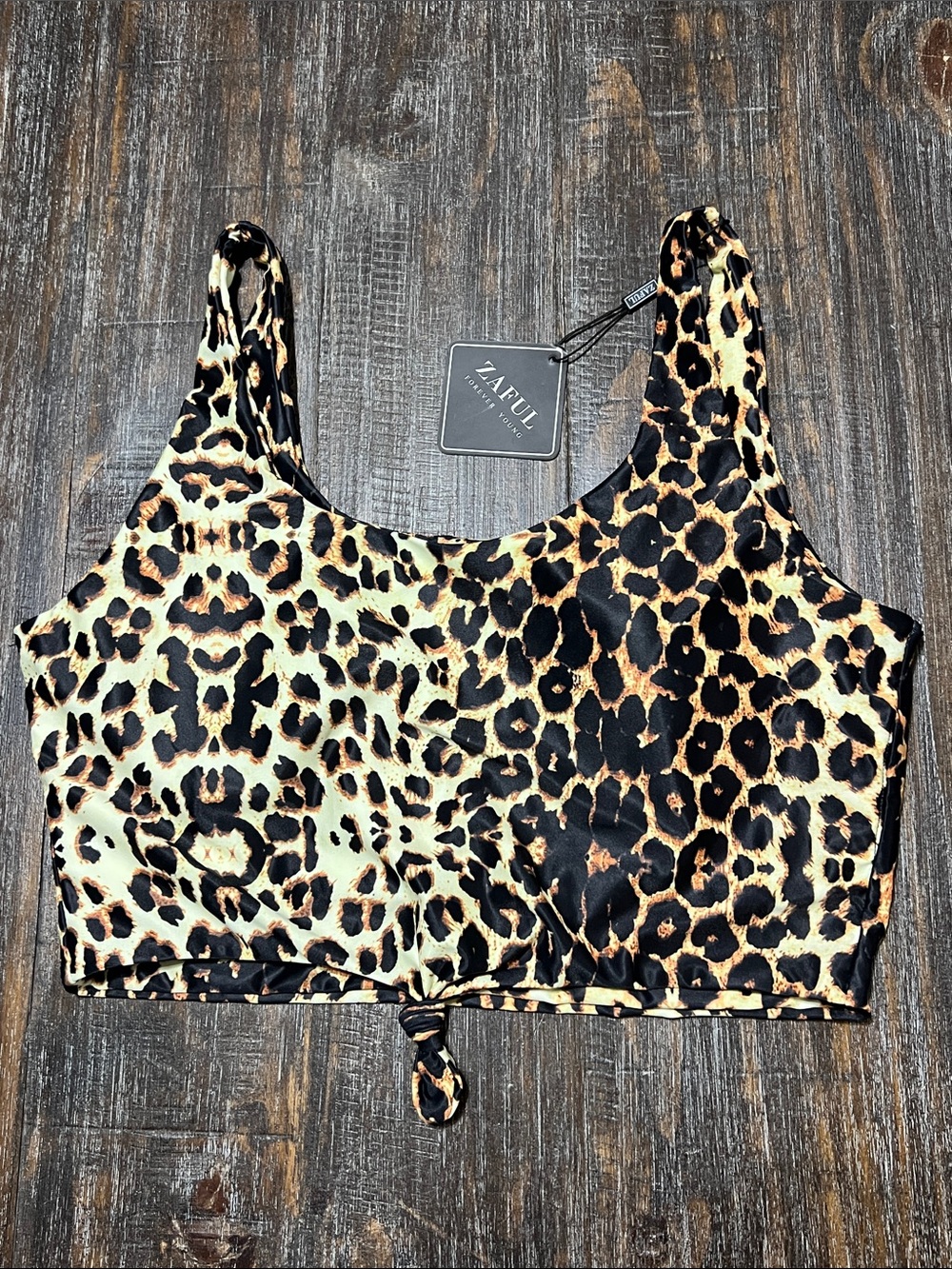 Zaful Leopard Print Knot-Front Crop Swim Top in Black and Brown - NWT